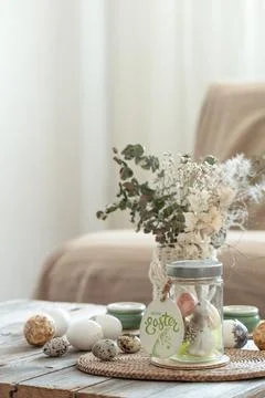 Festive composition for Easter with decorative details close up. 스톡 사진