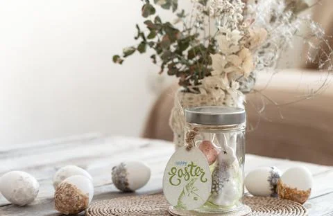 Festive composition for Easter with decorative details close up. 스톡 사진
