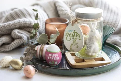 Festive composition for Easter with decorative details close up. 스톡 사진