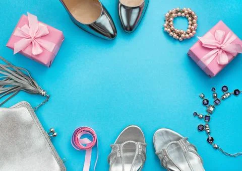 Festive composition flat lei set womens accessories jewelry gifts dress shoes Stock Photos