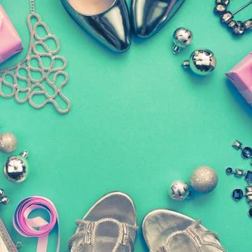 Festive composition flat lei set womens accessories jewelry gifts dress shoes Stock Photos