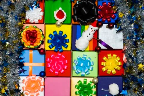 Festive composition of gift boxes with stripes of different colors. Box of pride Stock Photos