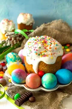 Festive composition in rustic style, Easter meal Breakfast. Stock Photos