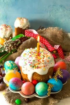 Festive composition in rustic style, Easter meal Breakfast. Foto stock