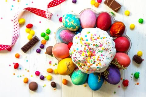 Festive composition in rustic style, Easter meal Breakfast. Stock Photos