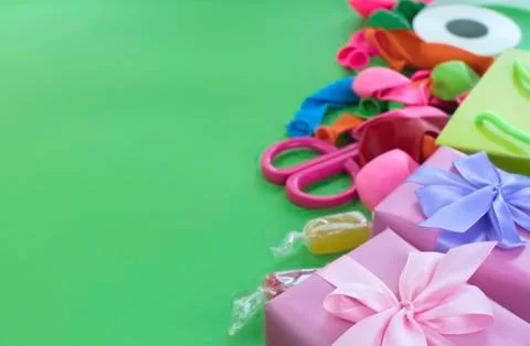 Festive composition set of gift boxes with balls candy cocktail materials. Stock Photos