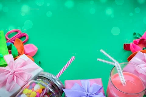 Festive composition set of gift boxes with balls candy cocktail materials. Stock Photos