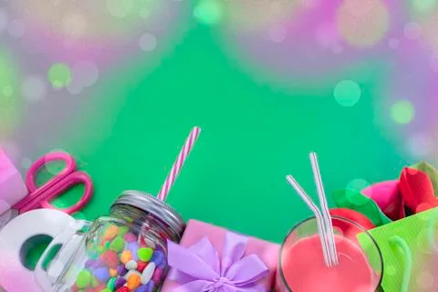 Festive composition set of gift boxes with balls candy cocktail materials. Stock Photos