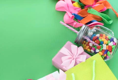 Festive composition set of gift boxes with balls candy cocktail materials. Stock Photos