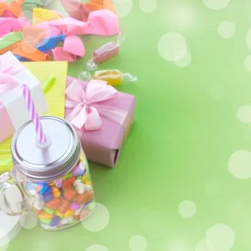 Festive composition set of gift boxes with balls candy cocktail materials. Stock Photos