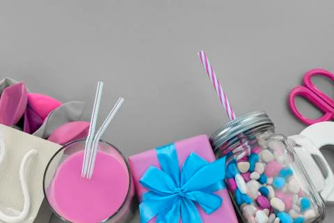 Festive composition set of gift boxes with balls candy cocktail materials. Stock Photos