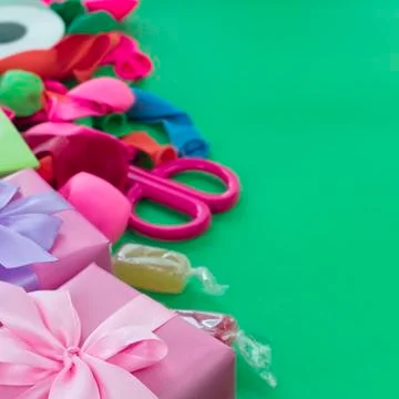 Festive composition set of gift boxes with balls candy cocktail materials. Stock Photos