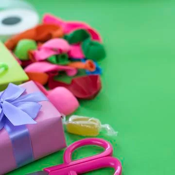 Festive composition set of gift boxes with balls candy cocktail materials. Stock Photos