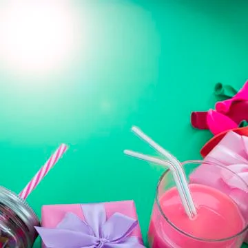 Festive composition set of gift boxes with balls candy cocktail materials. Stock Photos