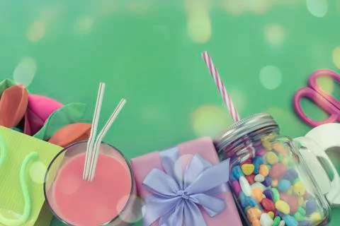 Festive composition set of gift boxes with balls candy cocktail materials. Stock Photos