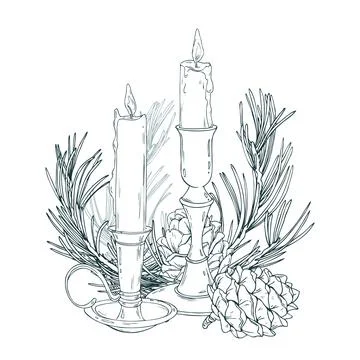 A festive composition of two burning candles in holders with a pinecone and Stock Illustration
