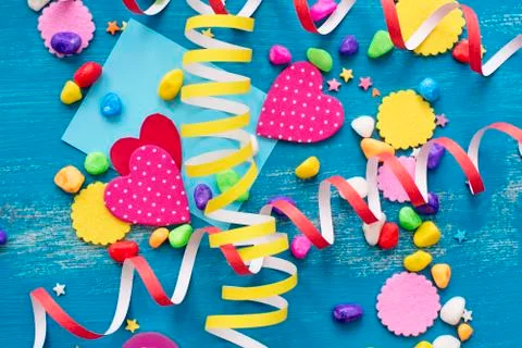Festive confetti background heart candy color saturated. Stock Photos