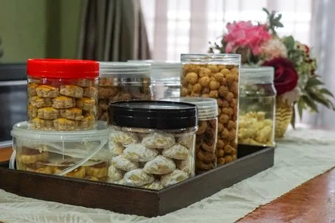 Festive Cookie Jars On Tray Fotos Stock