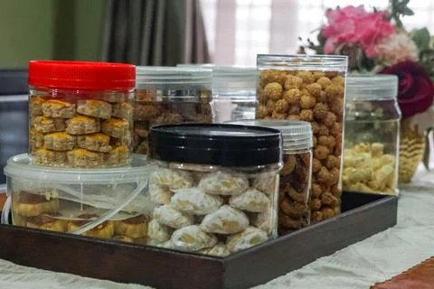 Festive Cookie Jars On Tray Stock Photos
