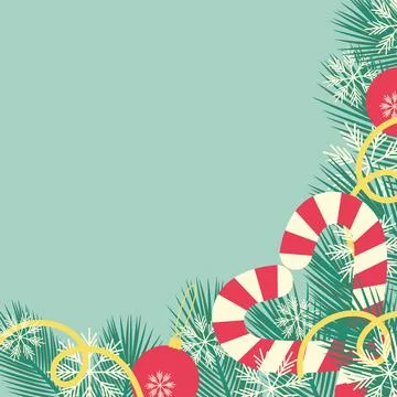 Festive corner frame with pine twigs, candy canes heart shaped, snowflakes and Stock Illustration