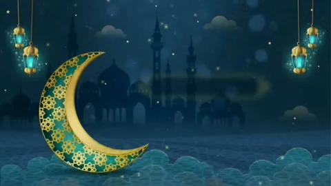 Festive Crescent Moon Lanterns Mosque Silhouette Night Sky Background. Stockbeeldmateriaal 332552076