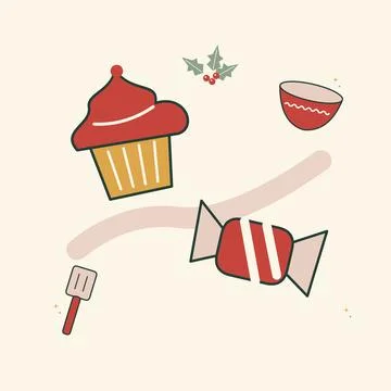 Festive cupcake and candy baking arrangement. Decorative flat vector composit Stock Illustration