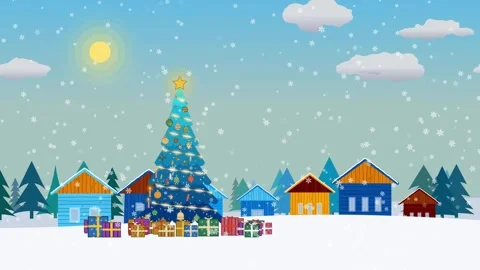 A festive decorated Christmas tree stands in a colorful snowy village Stock Footage 338364927