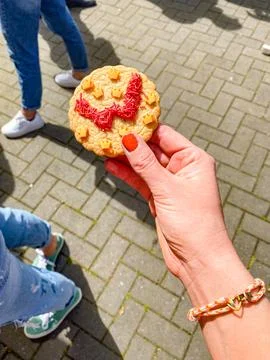 Festive decorated cookie in hand Stock Photos