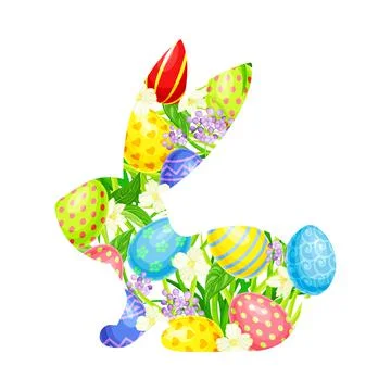 Festive Decorated Easter Eggs and Green Grass Framed in Bunny Shape Vector 库存插图