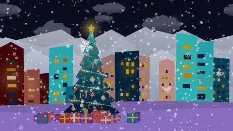 Festive decorated Xmas tree with presents, colorful abstract urban buildings Stock Footage 338194831