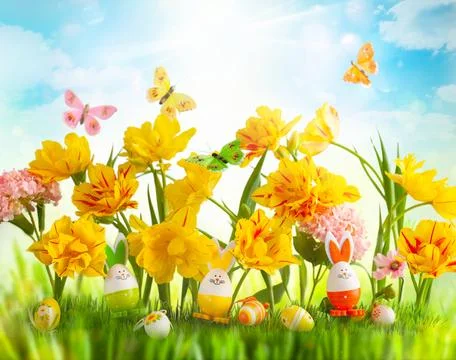 Festive decoration with Easter eggs, Bunny and beautiful spring flowers. Ea.. Stock Photos