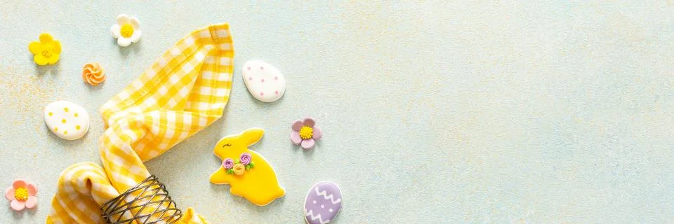 Festive decorations for Easter include a beautifully wrapped napkin holding a Stock Photos