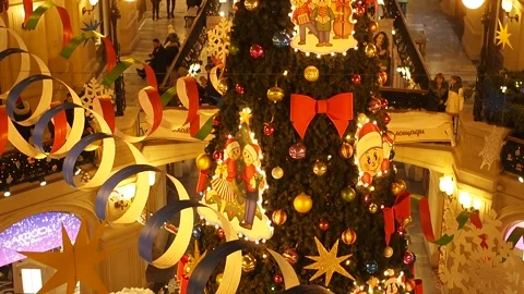 Festive decorations in the mall. Christmas tree with different Xmas toys and Stock Footage 145154393