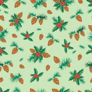 Festive decorative seamless background, lump, pine branch, holly Stock Illustration