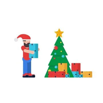Festive delivery service bundle. Courier delivery christmas tree and gifts co Illustrazione stock