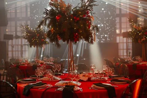 Festive dining table with elegant decorations and warm lighting for holiday Stock Photos