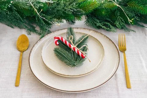 Festive dining table setting with greenery and seasonal Christmas decoratio.. Stock Photos