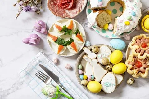 Festive dinner, Easter brunch. Easter table scene with an assortment of bak.. Stock Photos