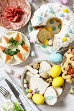 Festive dinner, Easter brunch. Easter table scene with an assortment of bak.. Stock Photos