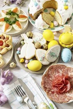 Festive dinner, Easter brunch. Easter table scene with an assortment of baking, Stock Photos