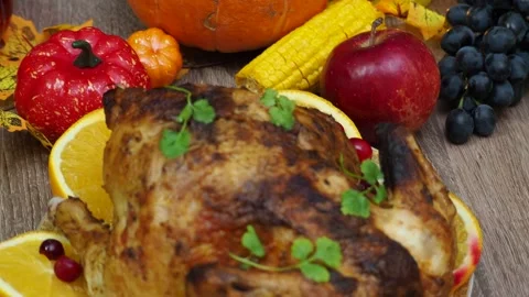 Festive dinner at home. chicken with oranges. Thanksgiving or Christmas dinner 스톡 동영상 257596505