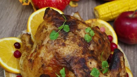 Festive dinner at home. chicken with oranges. Thanksgiving or Christmas dinner 스톡 동영상 257597004
