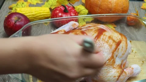 Festive dinner at home. chicken with oranges. Thanksgiving or Christmas dinner Stock Footage 257601696