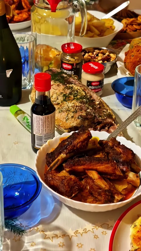 Festive Dinner Table with Roast Meat and Candlelight Stock Footage 336672344