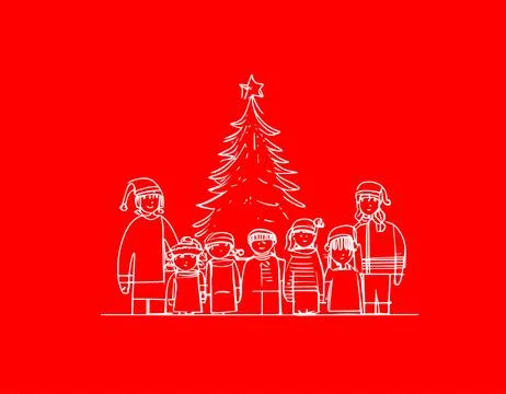 Festive doodle, to celebrate new year, with family, parents and Christmas t.. Stock Illustration
