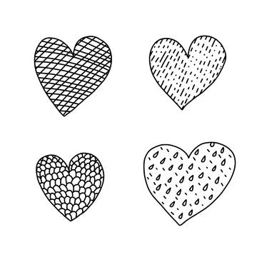 Festive doodle hearts set with textures. linear style heart shapes collection Stock Illustration