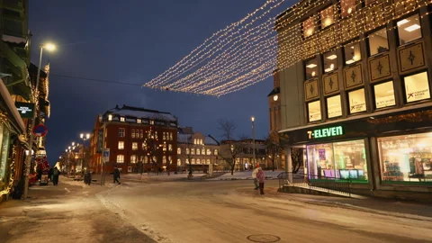 Festive Downtown Intersection With Winter String Lights Stock Footage 340950479