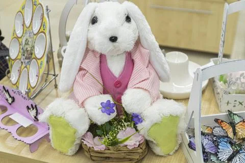 Festive easter attributes hares flowers eggs close up Stock-Fotos