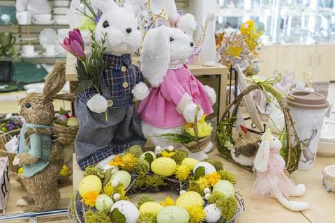Festive easter attributes hares flowers eggs close up Photos