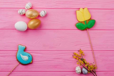 Festive Easter background and copy space. Stock Photos